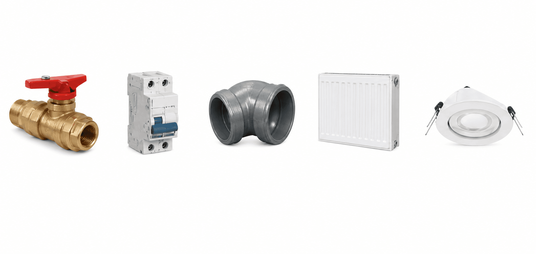 A valve, electrical breaker, pipe fitting, radiator and recessed light